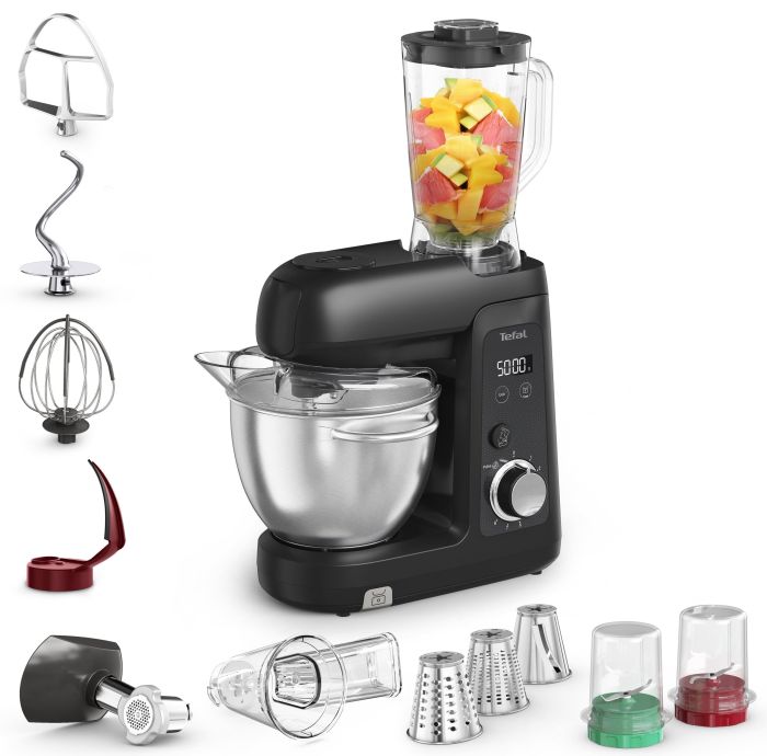 Кухонна машина Tefal Bake Partner + 1100Вт, чаша-метал, корпус-пластик, насадок-9, чорний