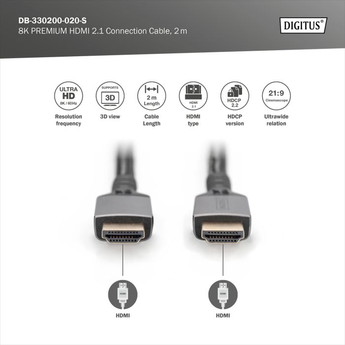 Кабель DIGITUS HDMI (M/M), 8K, Ultra High speed/Ethernet, 2м, чорний