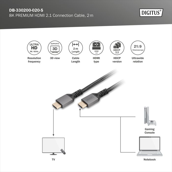 Кабель DIGITUS HDMI (M/M), 8K, Ultra High speed/Ethernet, 2м, чорний