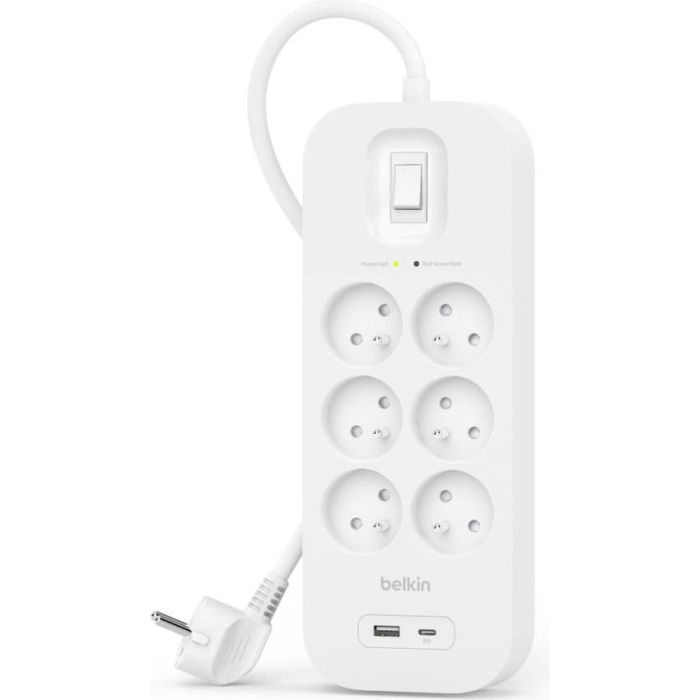 Удлинитель сетевой Belkin 2м, 6хТипE, 16А, USB-A/USB-C 18Вт, фильтр, белый