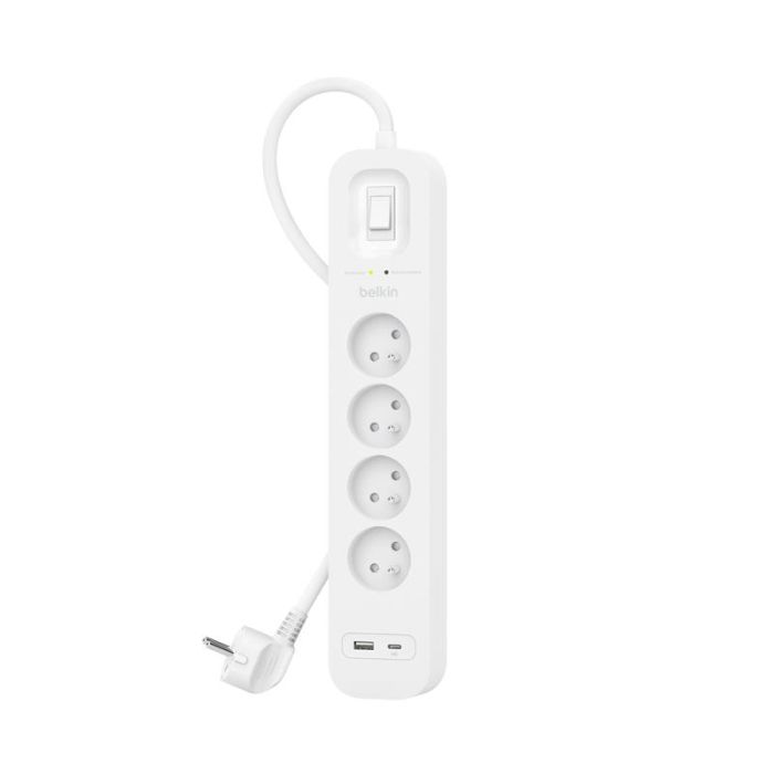 Удлинитель сетевой Belkin 2м, 4хТипЕ, 16А, USB-A/USB-C 18Вт, фильтр, белый