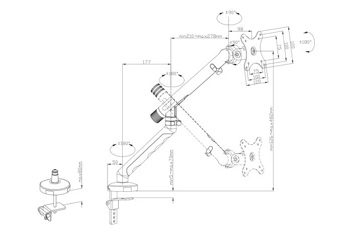 Кріплення DIGITUS Monitor Clamp, до 35"/10кг, з нахилом, поворотом, чорне