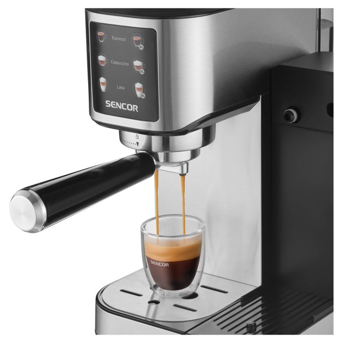 Кофеварка Sencor рожковая 1л, молотый, автоматический капучинатор, LCD-дисплей, нерж. сталь-черный