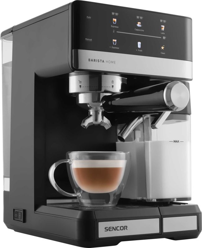 Кофеварка Sencor рожковая 1.8л, молотый, автоматический капучинатор, LCD-дисплей, нерж. сталь-черный