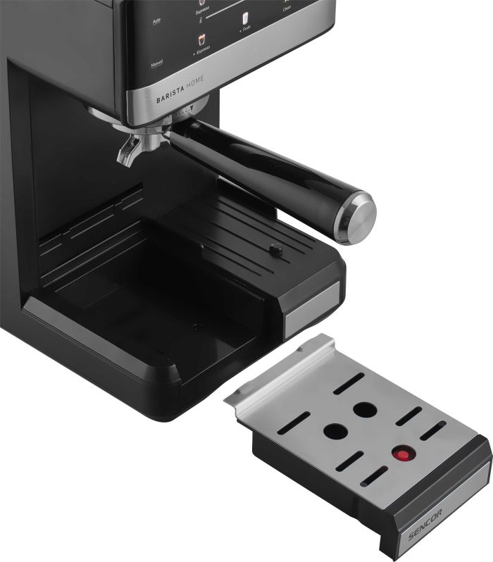 Кофеварка Sencor рожковая 1.8л, молотый, автоматический капучинатор, LCD-дисплей, нерж. сталь-черный