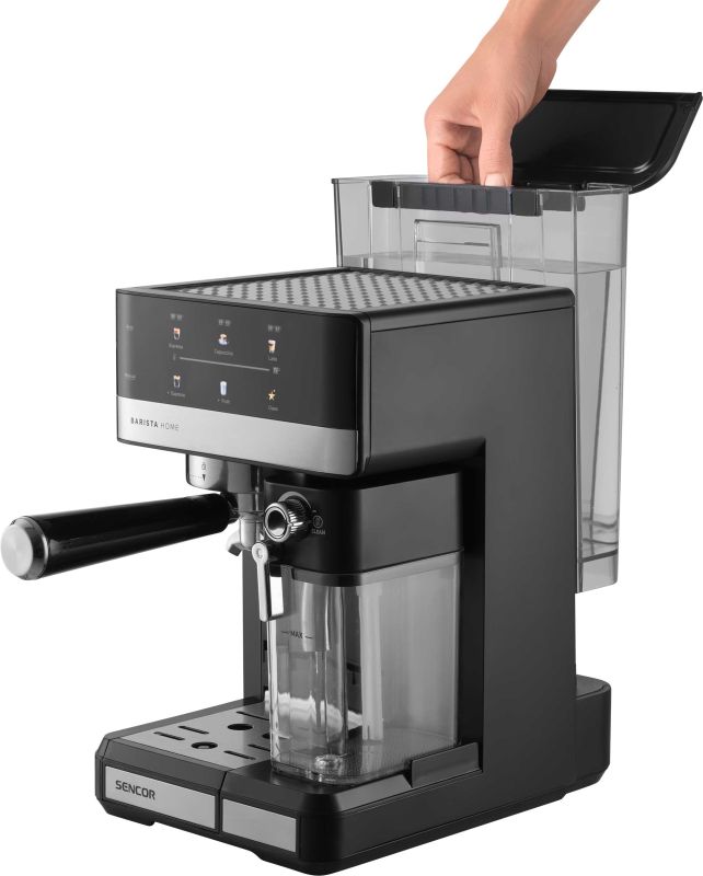 Кофеварка Sencor рожковая 1.8л, молотый, автоматический капучинатор, LCD-дисплей, нерж. сталь-черный