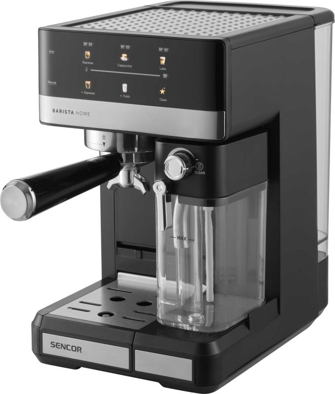 Кавоварка Sencor ріжкова 1.8л, мелена, автоматичний капучинатор, LCD-дисплей, нерж. сталь-чорний