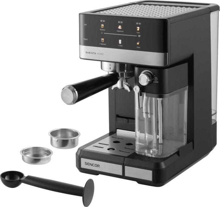 Кофеварка Sencor рожковая 1.8л, молотый, автоматический капучинатор, LCD-дисплей, нерж. сталь-черный