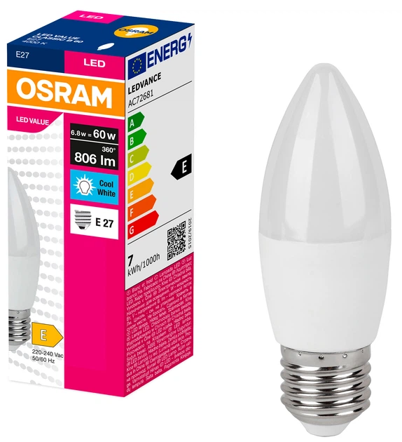 Лампа светодиодная OSRAM LED B60, 6.8W, 806Lm, 3000K, E27