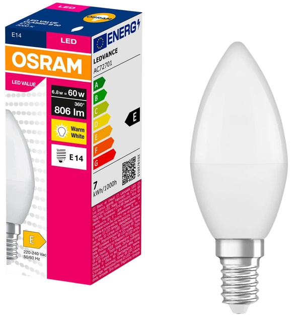 Лампа светодиодная OSRAM LED B60, 6.8W, 806Lm, 3000K, E14