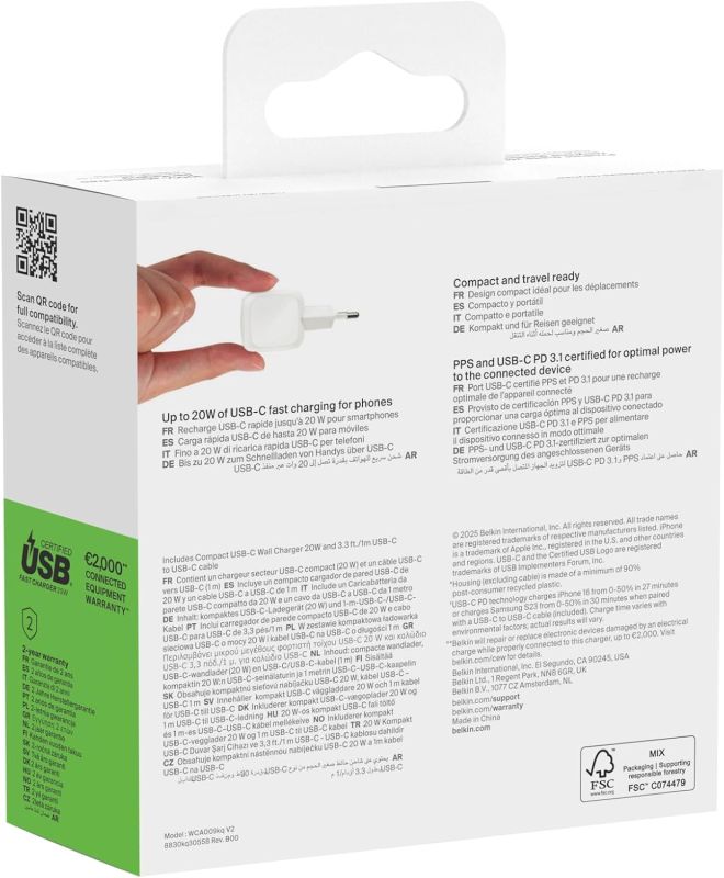 Зарядное устройство сетевое Belkin 20Вт USB-С PD PPS, кабель USB-С > USB-С, 1м, PVC, белый
