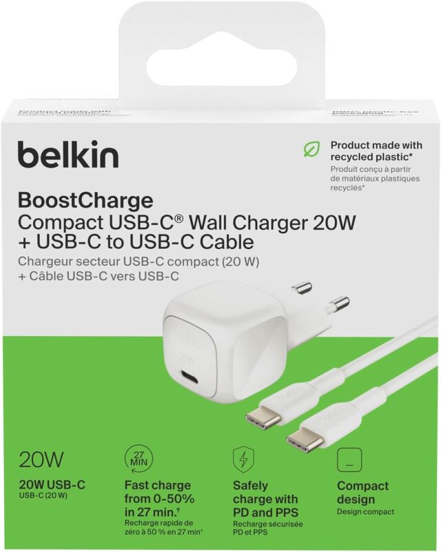 Зарядний пристрій мережевий Belkin 20Вт USB-С PD PPS, кабель USB-С > USB-C, 1м, PVC, білий