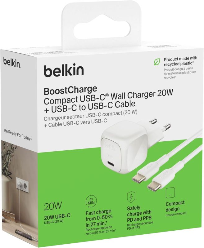Зарядний пристрій мережевий Belkin 20Вт USB-С PD PPS, кабель USB-С > USB-C, 1м, PVC, білий