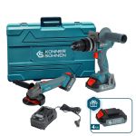 Набір із двох акумуляторних інструментів Konner&Sohnen KS IDAGB 20V SET 1 PLUS 20В шурупокрут-дриль ударний, шліфмашина кутова KS AGB20V-125VR, ЗП 2.4А акб 1х2А·год+1х4А·год кейс 8.1кг