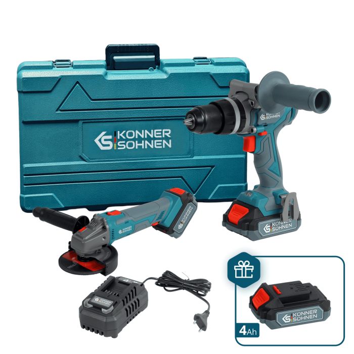 Набір із двох акумуляторних інструментів Konner&Sohnen KS IDAGB 20V SET 1 PLUS 20В шурупокрут-дриль ударний, шліфмашина кутова KS AGB20V-125VR, ЗП 2.4А акб 1х2А·год+1х4А·год кейс 8.1кг