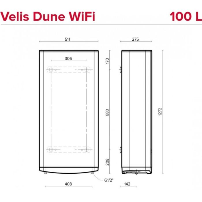 Водонагреватель электрический Ariston VELIS DUNE WIFI 100 EU плоский, слим, 100л, 2*1,5 кВт, эмал-ный нагр.эл., ун. монтаж, эл. упр-ние, B, Италия, белый