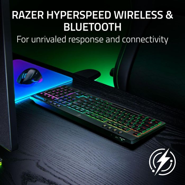 Клавиатура механическая Razer BlackWidow V4 Low-profile HyperSpeed, 104key, Yellow Switch, USB-A/WL/BT, EN, RGB, чёрный