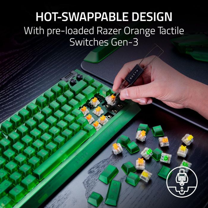 Клавиатура механическая Razer BlackWidow V4 75%, 83key, Mechanical Tactile Switch GEN-3, USB-A, EN, RGB, Phantom Green Ed.