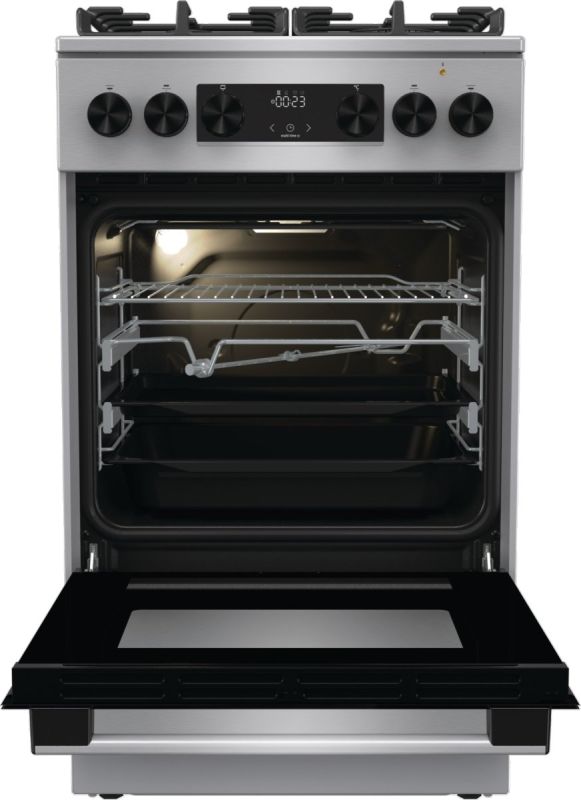 Плита Gorenje комбінована, 70л, 50x60см, дисплей, IconLed, газ на склі, чавун, нерж