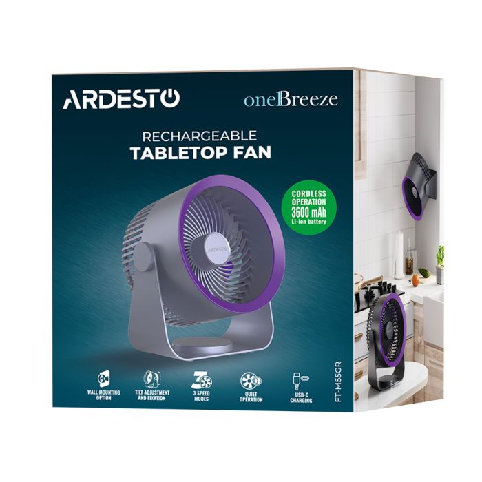 Вентилятор  OneBreeze  настільний/настінний, 14см, акумулятор, USB-A Type-C, сірий ARDESTO FT-M55GR