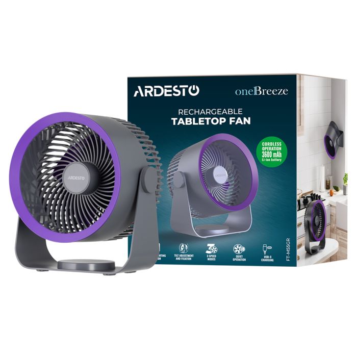 Вентилятор  OneBreeze  настільний/настінний, 14см, акумулятор, USB-A Type-C, сірий ARDESTO FT-M55GR