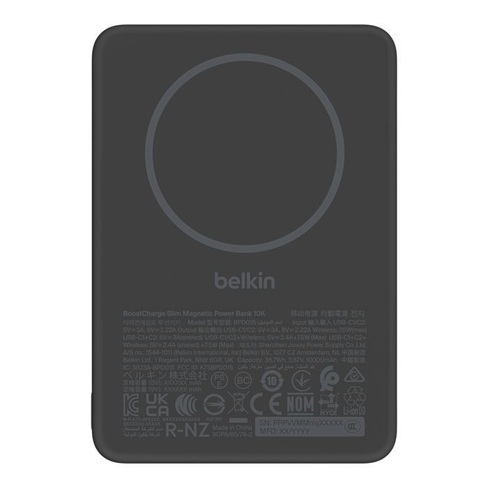 Акумулятор портативний літій-іонний Power Bank Belkin 10000мА·год, 15Вт, Slim Magnetic, чорний