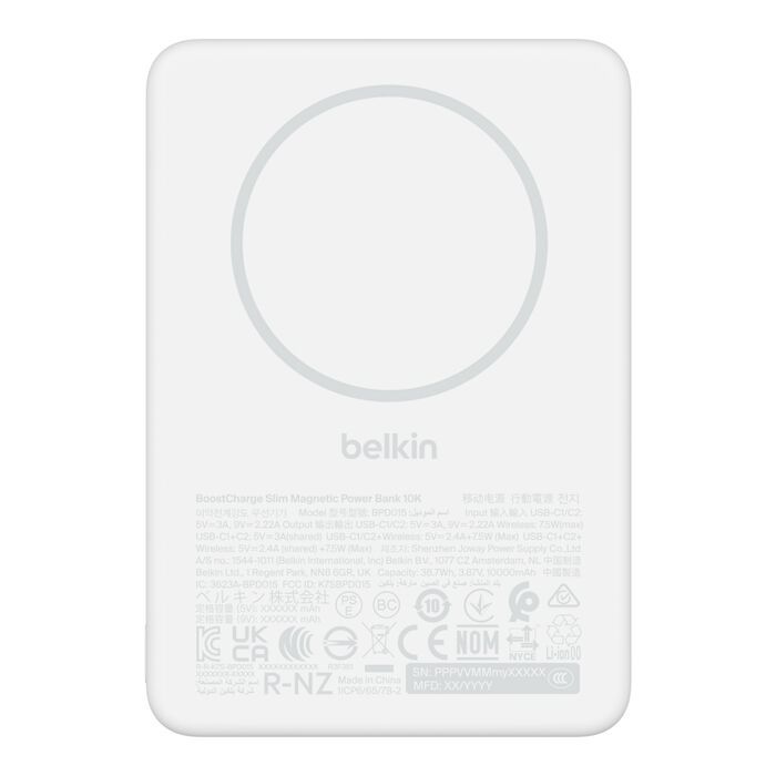 Акумулятор портативний літій-іонний Power Bank Belkin 10000мА·год, 20Вт PD/Qi2 15Вт, Slim Magnetic, білий