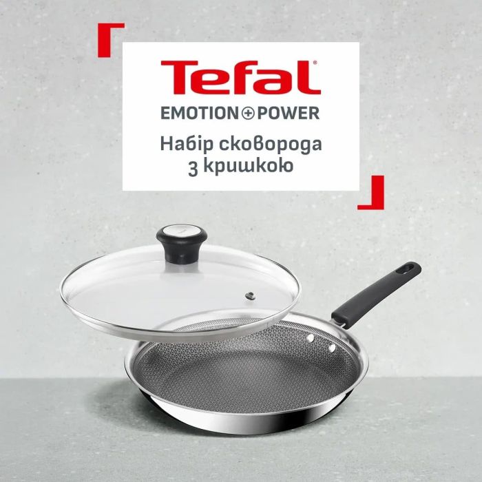 Сковорода Tefal Emotion+ Power, 28 см, с крышкой, нержавеющая сталь, алюминиевый сердечник, хромированная сталь, бакелит, стекло