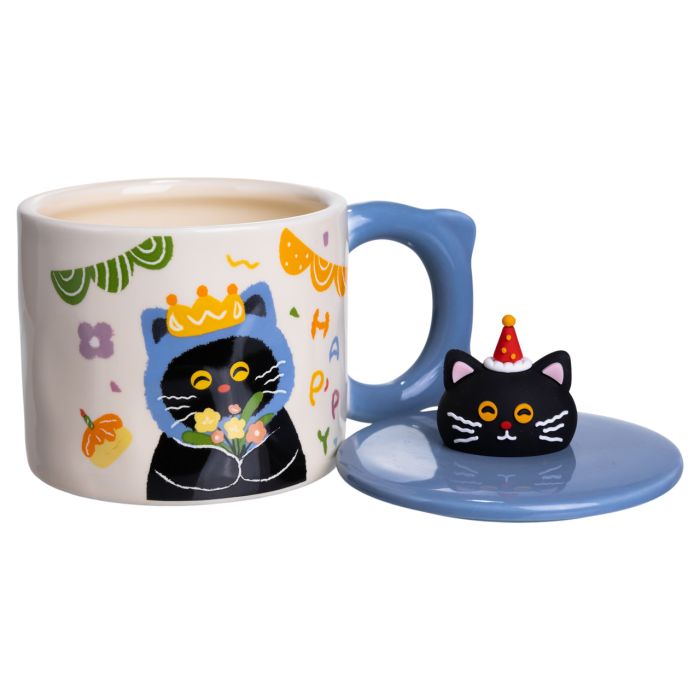 Чашка порцелянова з кришкою Kitten's Birthday 400 (мл) подарункова кружка прикольна чашка для дітей на подарунок Синій FM-24A