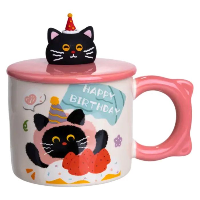 Чашка порцелянова з кришкою Kitten's Birthday 400 (мл) подарункова кружка прикольна чашка для дітей на подарунок Рожевий FM-24C