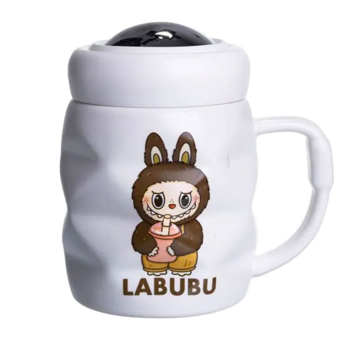 Чашка порцелянова з кришкою Labubu 400 (мл) подарункова кружка прикольна чашка для дітей на подарунок Білий з темно-коричневим FM-54C