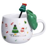 Новорічна порцелянова чашка з ложкою Merry Christmas 400 (мл) Зелений Yiwu FM-CS-19B