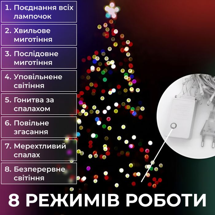 Гірлянда нитка 22 м на 218 LED лампочок світлодіодна чорний провід 8 режимів работи M500LEDML