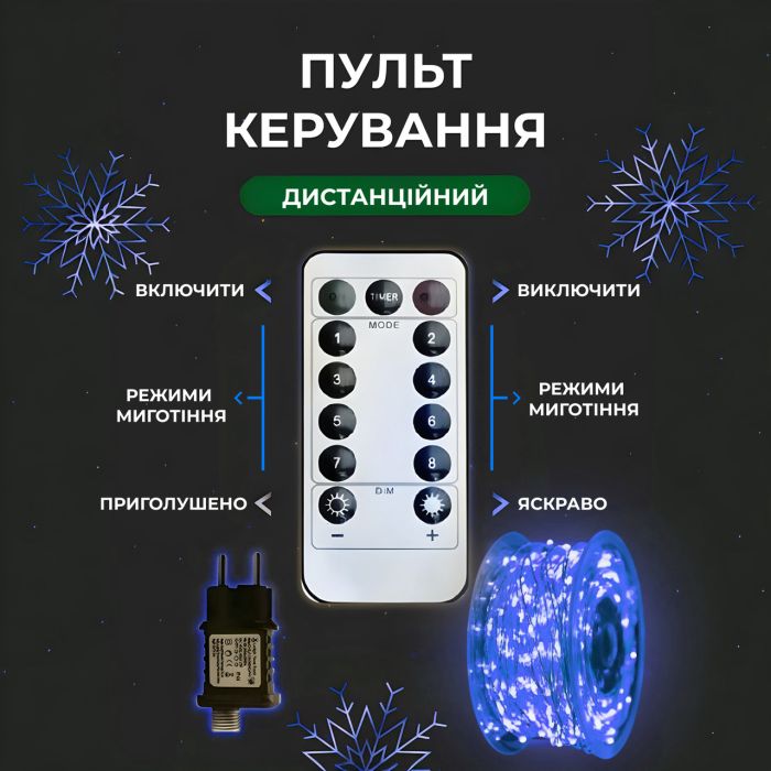 Гірлянда роса на пульті 50 метрів на 500 led світлодіодів крапля на білому дроті синя 500L50MWBL