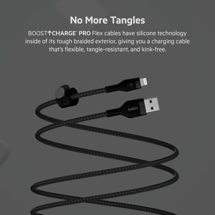 Кабель USB-A > Lightning заряджання/синхронізації Belkin 1м, плетений, силіконовий, з ремінцем на магніті, чорний