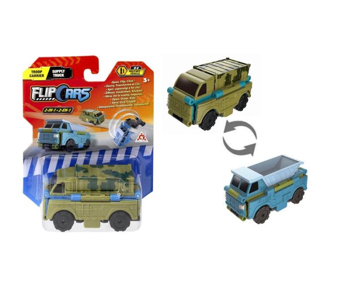 Машинка-трансформер Flip Cars 2 в 1 Военный транспорт, Военный грузовик и Самосвал