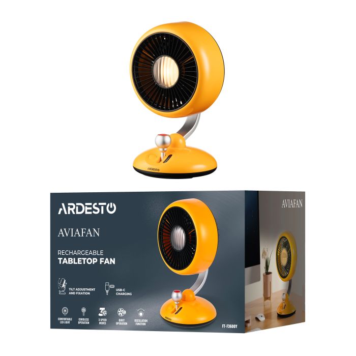 Вентилятор  AviaFan  настільний, 12см, акумулятор, підсвічування, USB-A Type-C, жовтий ARDESTO FT-F3600Y
