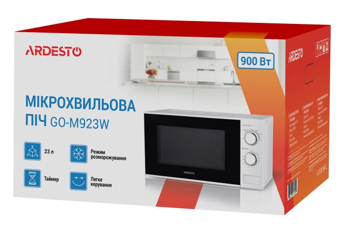 Микроволновая печь ARDESTO, 23л, мех. управл., 900Вт, откр.кнопкой, белый