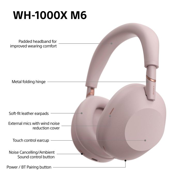 Навушники Over-ear Sony WH-1000XM6 BT 5.3, ANC, Hi-Res, AAC, LDAC, LC3, Wireless, Mic, Рожевий