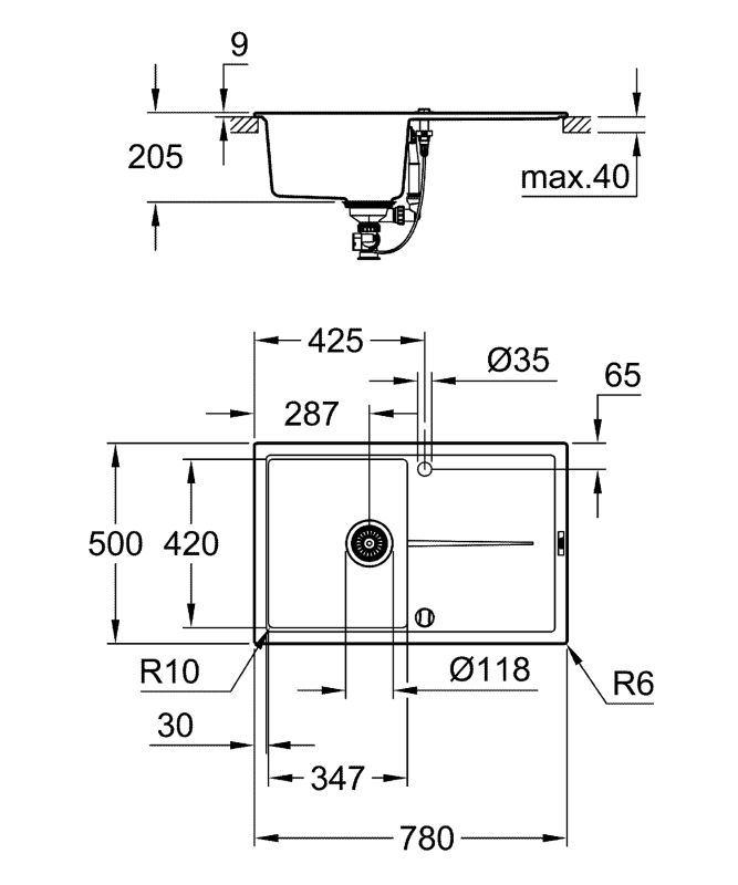Мийка кухонна Grohe K400, граніт, прямокут., з крилом, 780x500x205мм, чаша - 1, врізна, сірий граніт
