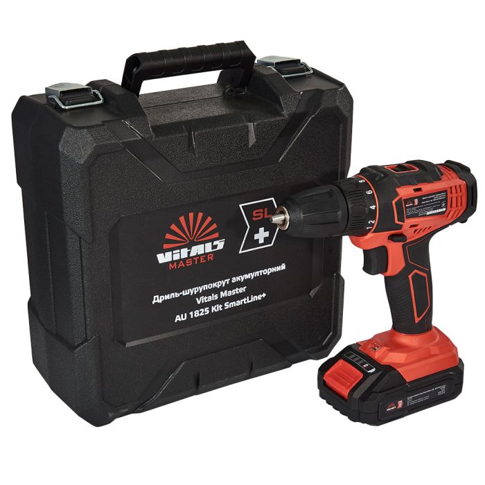 Шурупокрут-дриль акумуляторний Vitals Master AU 1825 Kit SmartLine+ 18В 1х2А·год 25Нм 400·1500об/хв кейс 1.2кг