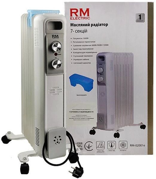 Масляный радиатор RM Electric, 15м2, 1500Вт, мех. упр-ние, 7 секций, увлажнитель, белый