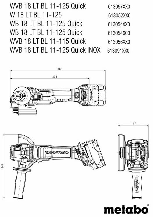 Шлифмашина угловая аккумуляторная Metabo WVB 18 LT BL 11-125 Quick, 125мм, 18В 2х5.5Ач, 2800-10000об/мин, М14, 1.8кг