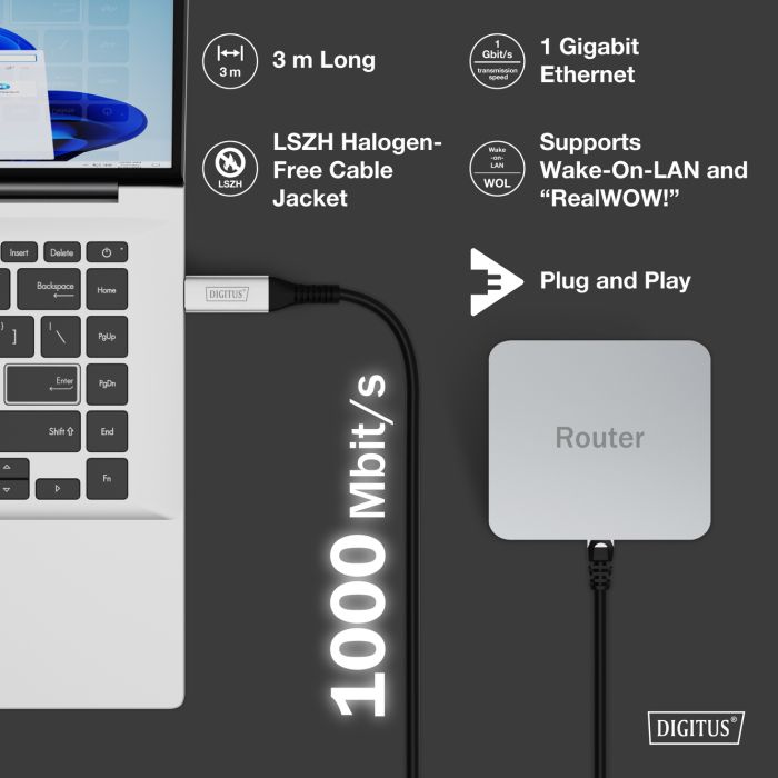 Кабель DIGITUS Ethernet USB-A - RJ45 CAT 6A S/FTP, 1 Gbit/s, 3m, LSZH