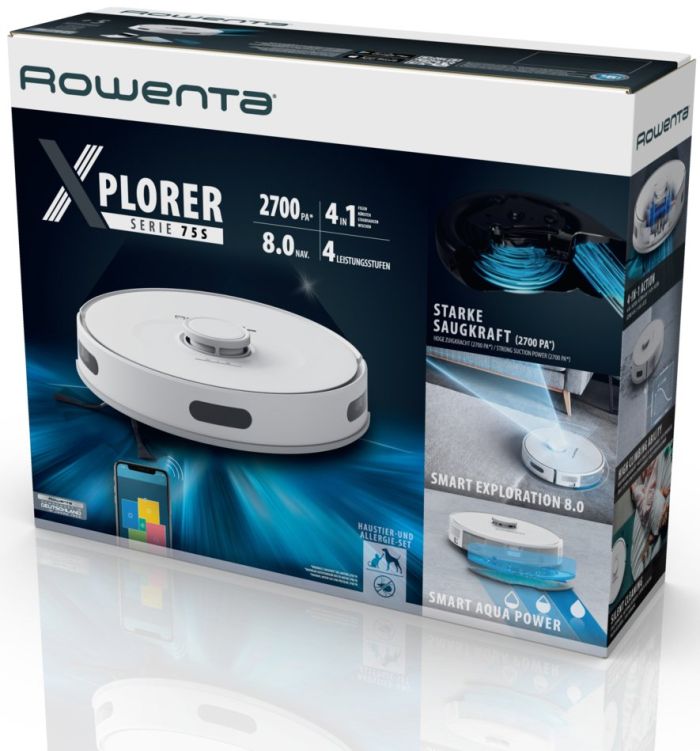 Робот-пылесос Rowenta X-Plorer Serie 75 S, h=9.5см, влажная уборка, конт пыль -0.4л, вода -0.3л, автон. раб. до 120мин, НЕРА, управл.через смартфон, белый