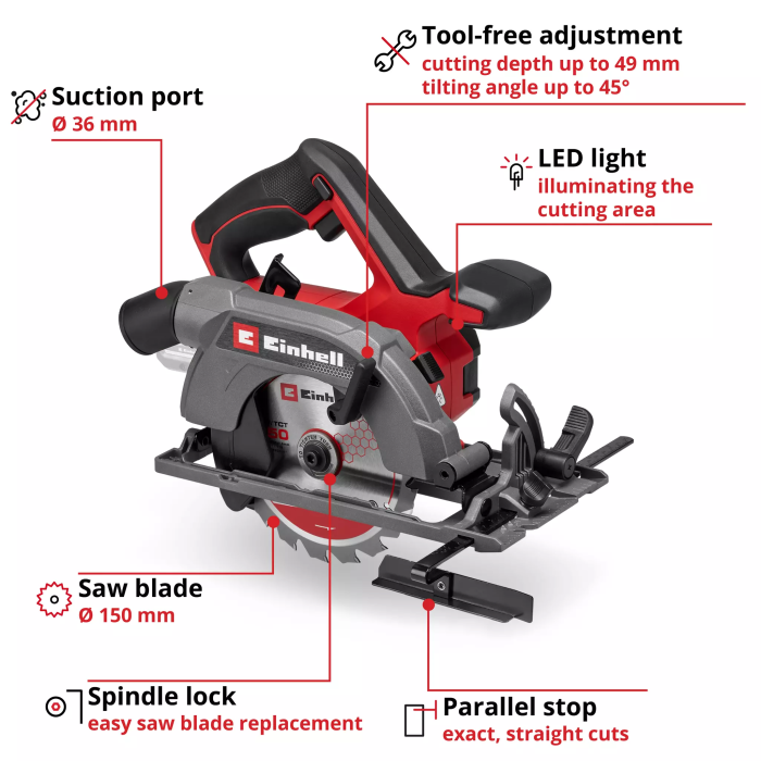 Пила дискова акумуляторна Einhell Professional TE-CS 18/150-2 Li - Solo 18В 4200об/хв 150х20мм LED підсвітка 2.8кг без АКБ та ЗП