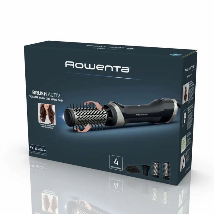 Фен-щітка Rowenta Brush Active, 1000Вт, 3 режими, іоніз-я, хол. обдув, оберт. насадка, 3 насадки, кераміка, чорний