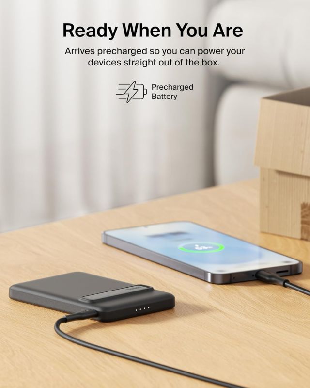 Акумулятор портативний літій-іонний Power Bank Belkin 5000мА·год, 20Вт PD/Qi2 15Вт, Magnetic Kickstand, чорний