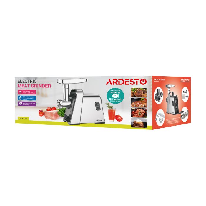 Мясорубка Ardesto, 2400Вт, 2.2кг/мин, 3 решетки, насадка для колбас, кеббе, томатов, 4 терки, пластик, черно-серебристый