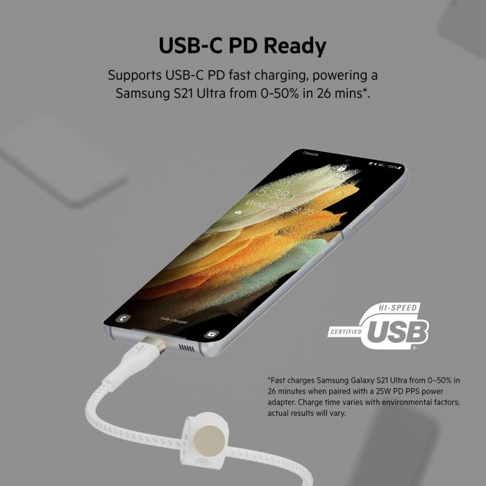 Кабель USB-C > USB-C заряджання/синхронізації Belkin 1м, 60Вт, Type-C, плетений, силіконовий, з ремінцем на магніті, білий